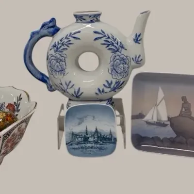 Asian Imari Porcelain Bowl, Blue & White Teapot & Plates