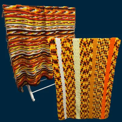 Vintage Handmade Crochet & Knit Blanket Lot – Retro Orange, Yellow, Brown & Cream – 2 Pieces