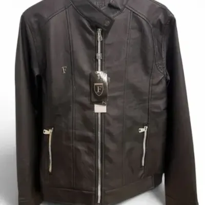 F Collections Black Leather Moto Jacket Size L NWT