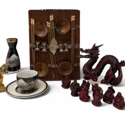 Asian Dragon, Buddha Figurines & Japanese Sake Set