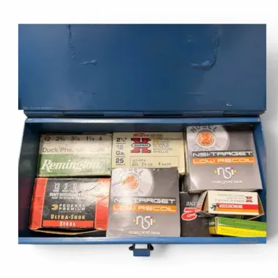 Vintage Blue Metal Ammunition Box with Assorted Ammo