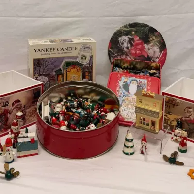 Assorted Christmas Ornaments, Wooden Miniatures, Holiday Tins & Yankee Candle Puzzles