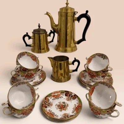 Vintage English Floral Bouillon Cups & Saucers with Brass Coffee Service
