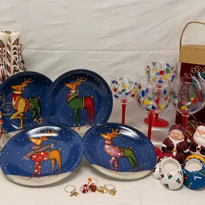 Rebecca Rüegger Reindeer Plates, Holiday Wine Glasses, Santa & Mrs. Claus, Candle & Festive Décor