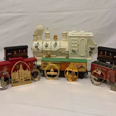 Assorted Model Train Cars, Decorative Locomotive & Railroad Collectibles with Ornaments