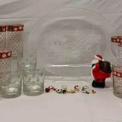 Vintage Christmas Glassware Collection with Holiday Platter, Santa Figurine & Wine Charms