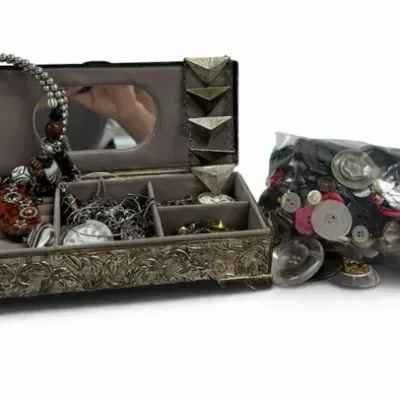 Mystery Jewelry Treasure Chest & Vintage Button Collection
