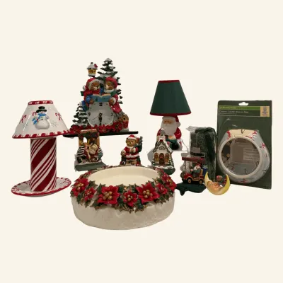 Christmas Holiday Decor Collection – Centerpiece, Santa Lamp, Bear Clock, Figurines & Candles