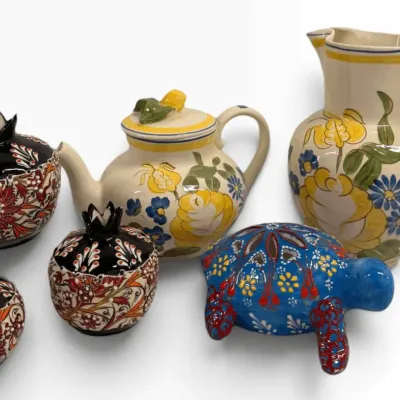 Hand-Painted Ceramic Collection with Floral Pitchers, Pomegranate Vessels & Elephant Figurine