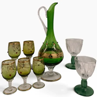 Vintage Emerald Green & Gold Art Glass Pitcher with Coordinating Goblets