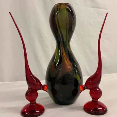 Murano Style Art Glass Vase & Pair of Ruby Red Glass Bird Figurines – 3 Pieces