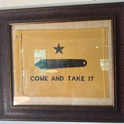 Framed fabric "Come and Take It" Gonzales flag replica featuring a star and cannon design in a textured dark brown frame.
