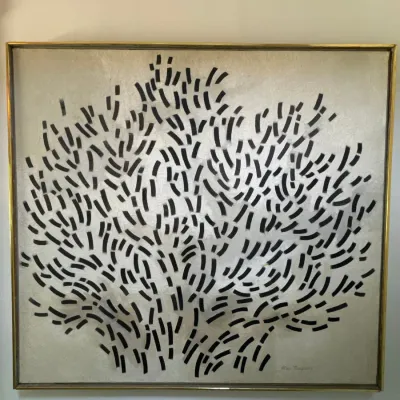 Mid-century modern framed abstract painting by Alan Tompkins, featuring black gestural dashes on a textured off-white background.
