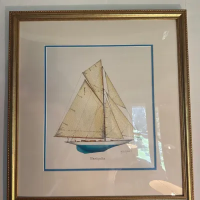 Framed nautical art print depicting the historic sailboat Mariquita, housed in a double-matted gilt wood frame.