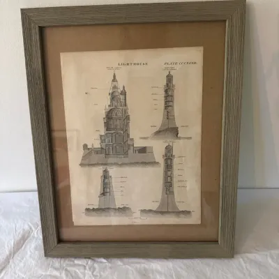Framed vintage architectural engraving print illustrating various lighthouse designs and cross-sections.