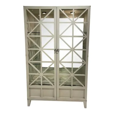 Sale Photo Thumbnail #35: Modern white display cabinet featuring glass-paneled doors with geometric mullions, interior lighting, and adjustable glass shelves.