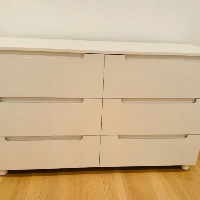 Sale Photo Thumbnail #13: Modern white six-drawer dresser featuring integrated cutout handles and short cylindrical feet.