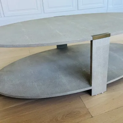 Sale Photo Thumbnail #11: Contemporary oval shagreen-embossed two-tier coffee table featuring brass accent hardware.