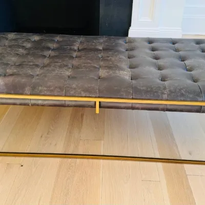 Sale Photo Thumbnail #26: Large contemporary tufted dark leather ottoman bench featuring a brass-tone metal frame base.