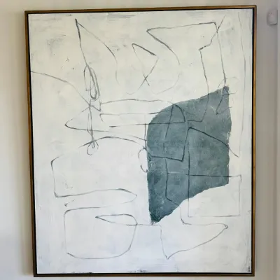 Sale Photo Thumbnail #8: Large framed contemporary abstract canvas painting featuring neutral white tones, charcoal line drawings, and a teal accent block.