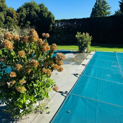 Sale Photo Thumbnail #42: In-ground swimming pool covered with a teal mesh safety cover, surrounded by stone patio paving and potted flowering shrubs.