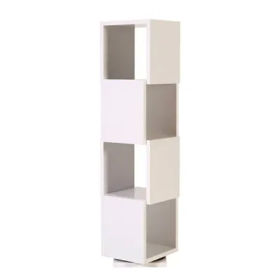 Sale Photo Thumbnail #57: Modern white rotating tower bookcase featuring four open tiers with alternating geometric side panels, shown in good condition.