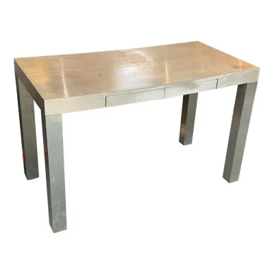 Sale Photo Thumbnail #33: Contemporary metal patchwork writing desk featuring a silver leaf finish, straight square legs, and two flush drawers.