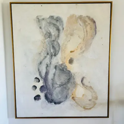 Sale Photo Thumbnail #7: Large abstract expressionist oil painting in neutral tones, featuring textured grey, beige, and muted purple forms framed in a thin gold metal rim.