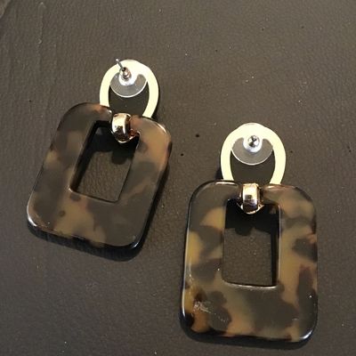 Sale Photo Thumbnail #59: Pair of dangle/drop statement earrings featuring polished dark tops and rectangular open geometric bottoms in a tortoiseshell resin pattern. Pre-owned condition with light wear consistent with use.