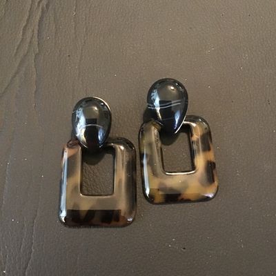 Sale Photo Thumbnail #56: Pair of dangle/drop statement earrings featuring polished dark tops and rectangular open geometric bottoms in a tortoiseshell resin pattern. Pre-owned condition with light wear consistent with use.