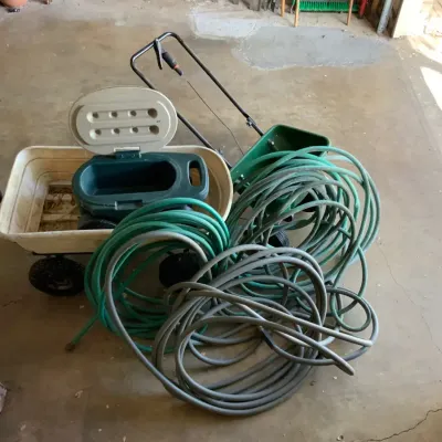 Scotts SpeedyGreen 1000 Broadcast Spreader, Step2 Garden Wagon & Assorted Garden Hoses