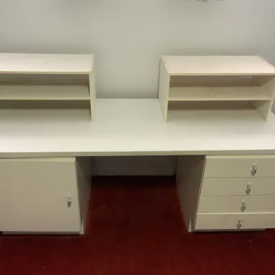 White Double Pedestal Office Desk with Drawers, Cabinet & Storage Shelves