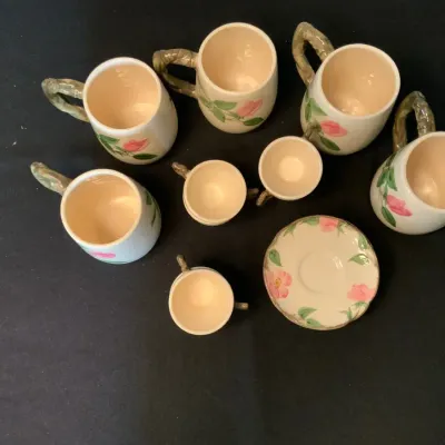 Hand-Painted Pink Floral Ceramic Mugs & Teacups with Matching Saucers
