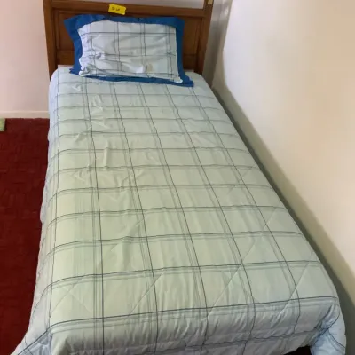 Twin-Size Wooden Bed with Mattress & Blue Plaid Bedding