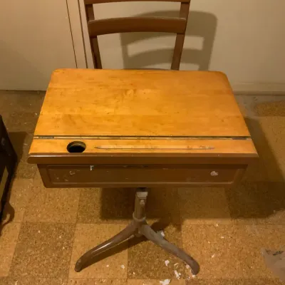 Vintage Wooden School Desk with Matching Chair – Adjustable Pedestal Base