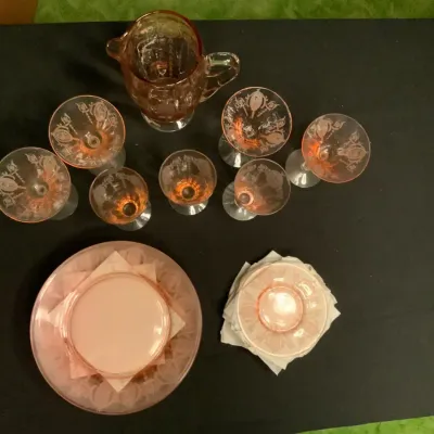 Vintage Pink Depression-Style Glass Pitcher, Glasses & Dinnerware Set