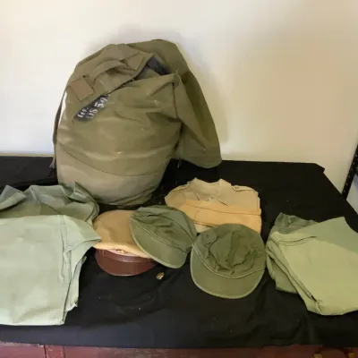 Vintage Military-Style Clothing & Canvas Duffel Bag Collection – Olive Drab Uniforms, Caps & Apparel