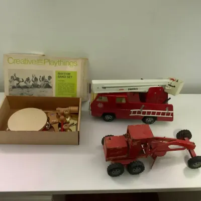 Vintage Toy Fire Truck, Metal Road Grader & Children's Rhythm Band Instrument Set