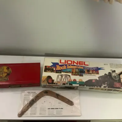 Vintage Lionel Rock Island Line Electric Train Set, Erector Set & Wooden Boomerang