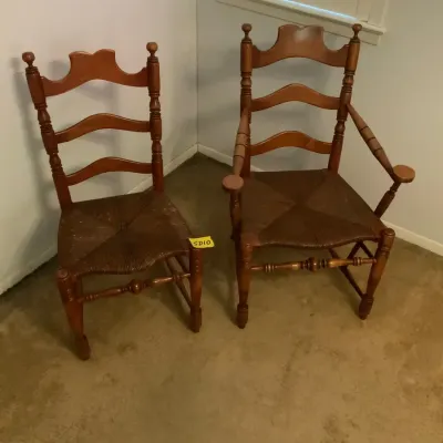 Vintage Ladderback Wood Chairs with Woven Rush Seats – Set of 2