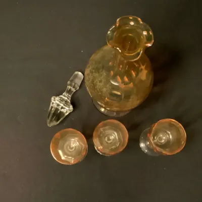 Vintage Amber Glass Decanter Set with 3 Stemmed Glasses – 5 Pieces