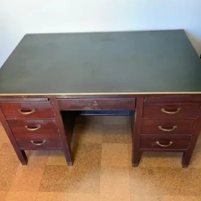 Vintage Wooden Executive Desk with Six Drawers & Brass-Tone Hardware