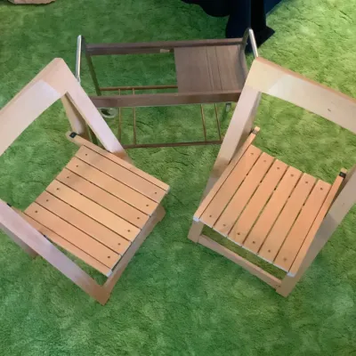 Pair of Natural Wood Folding Chairs & Rolling Utility Cart – 3-Piece Furniture Lot