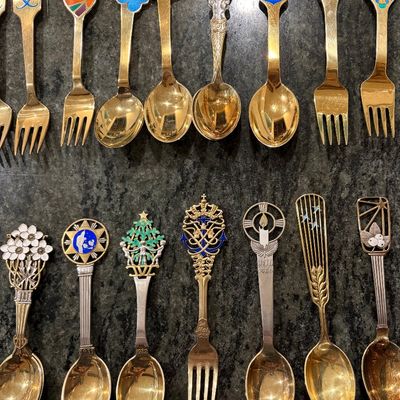 Anton Michelson
Gilded Sterling Silver and enameled Danish Christmas forks and spoons
Dating from 1910 to 1987 total of 90 pieces. 