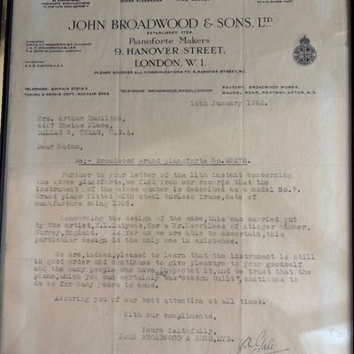 Sale Photo Thumbnail #5: Letter from John Broadwood & Sons of London England verifying the 1905 grand piano as one of its kind made by artist E.L. Lutyens