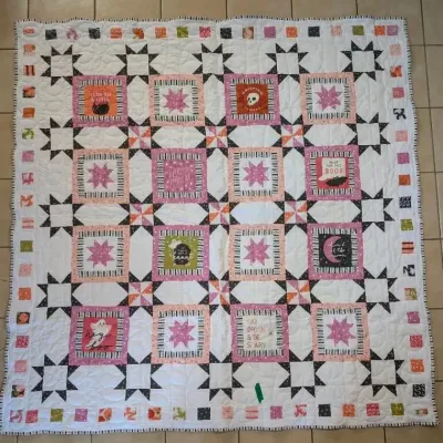 Sale Photo Thumbnail #40: Handcrafted Halloween-themed patchwork quilt featuring star blocks, printed text panels, and a colorful outer border.