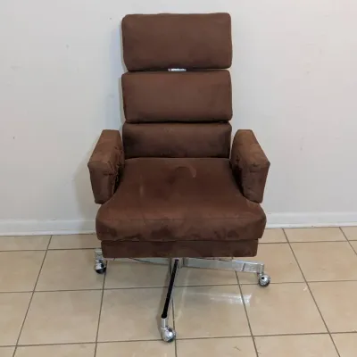 Sale Photo Thumbnail #8: Mid-century modern executive desk chair upholstered in brown microsuede, featuring a high-back pillow panel design and a chrome five-star rolling base.