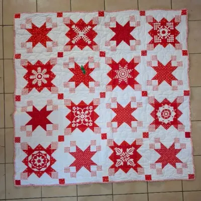 Sale Photo Thumbnail #28: Handmade red and white patchwork quilt with geometric star patterns and applique details.
