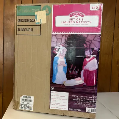 Sale Photo Thumbnail #56: Holiday Time set of 3 lighted nativity blow mold decorations in original box.