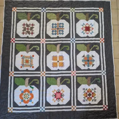 Sale Photo Thumbnail #48: Handmade quilt featuring a grid of nine apple motifs, each containing a distinct sampler quilt block on a dark grey background.
